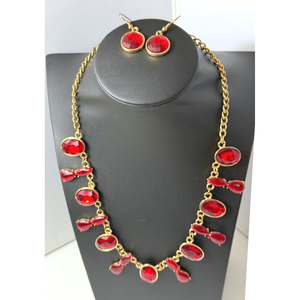 Rhinestone Necklace Earrings Set Red Gold Tone Statement Prom